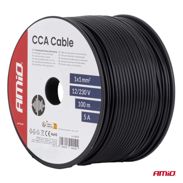 Едножилен черен кабел CCA 1x1mm2 1метър 5A 12/230V AMIO-04454