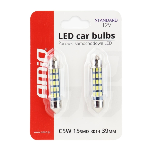 Комплект диодни Led , лед крушки за интериор,осветление номер Amio Festoon C5W 15xSMD 3014 12V 39mm 1кт.