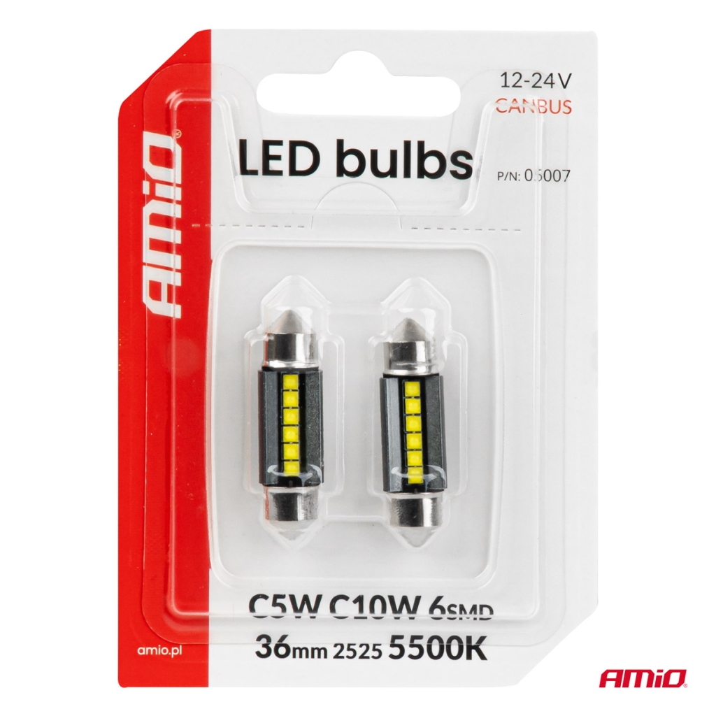 LED CANBUS крушки C5W C10W 36MM 2525 6SMD бели 12V 24V 2броя AMIO-05007 1бр.