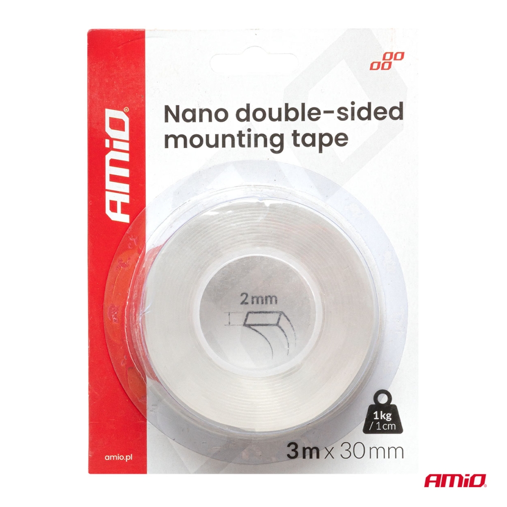 Двустранна нано монтажна лента за многократна употреба 30 мм x 3 м x 1 мм AMIO-04848 1кт.