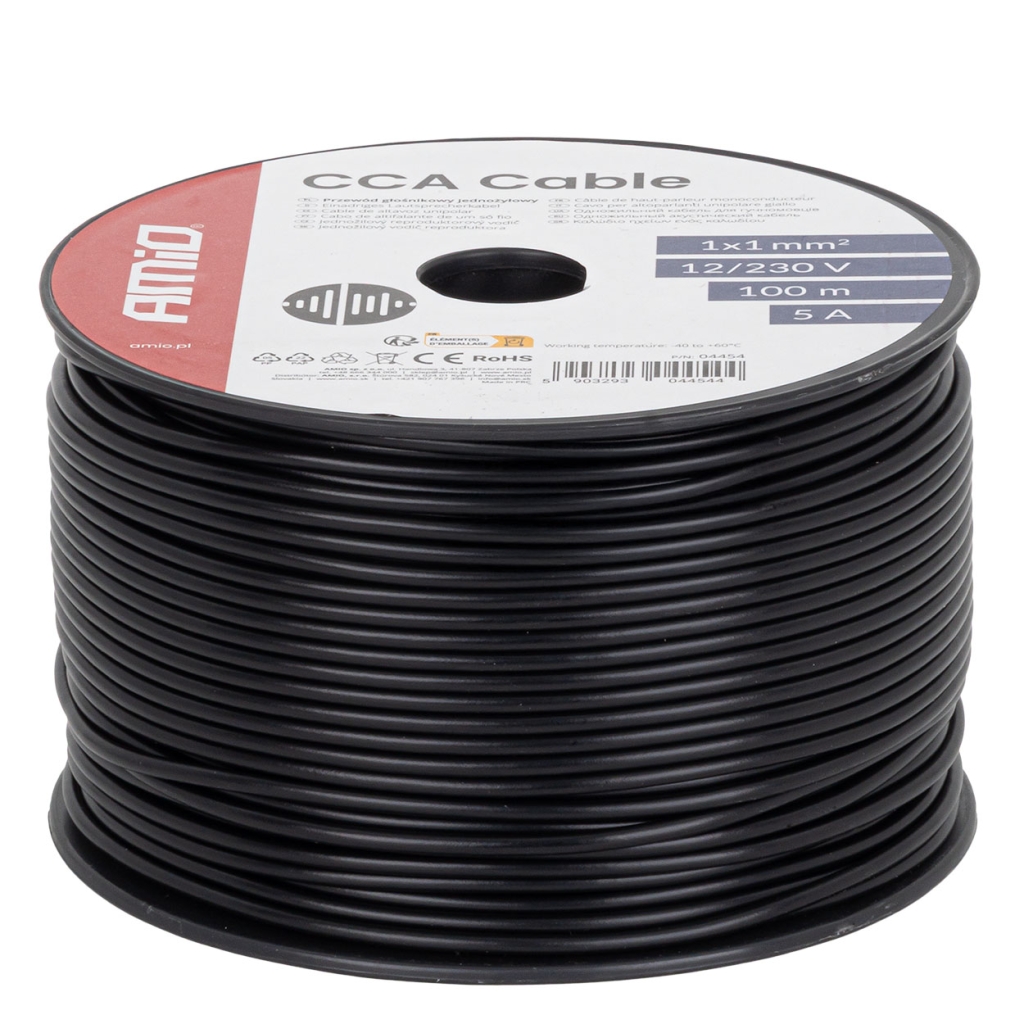 Едножилен черен кабел CCA 1x1mm2 1метър 5A 12/230V AMIO-04454
